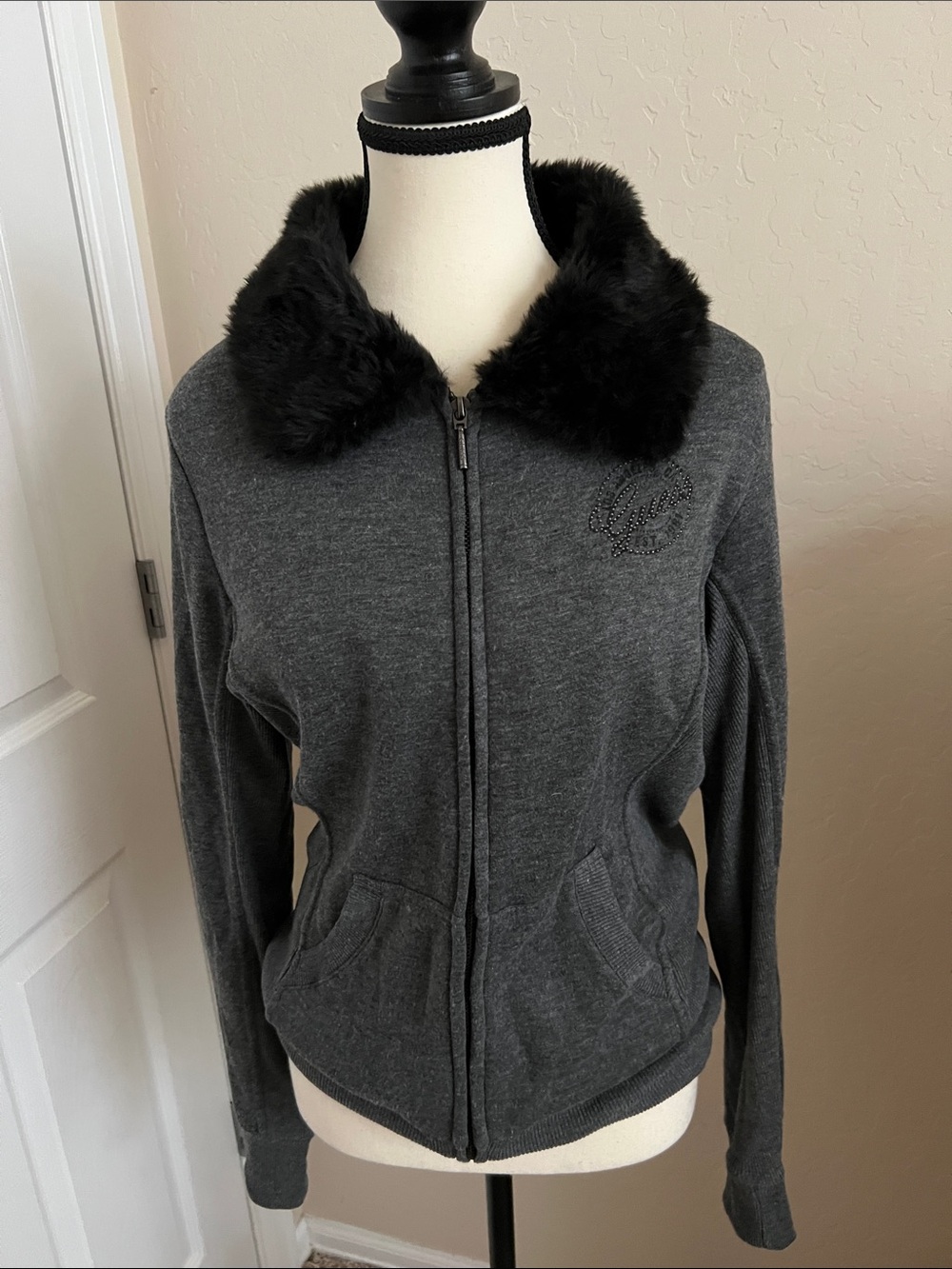 Guess Gray Bomber Jacket with Black Faux Fur Collar